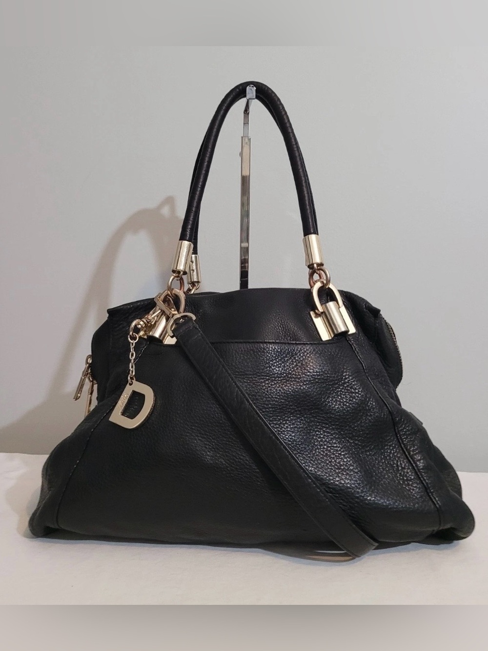 DKNY Black Leather Satchel Shoulder Bag with Gold Hardware Y2K